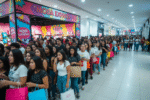 Filas se formam na entrada da loja temporária da SHEIN no Ventura Shopping, em Curitiba, onde mais de 17 mil pessoas passaram em cinco dias de operação. Imagem gerada por inteligência artificial