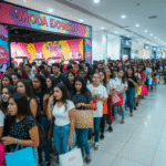 Filas se formam na entrada da loja temporária da SHEIN no Ventura Shopping, em Curitiba, onde mais de 17 mil pessoas passaram em cinco dias de operação. Imagem gerada por inteligência artificial