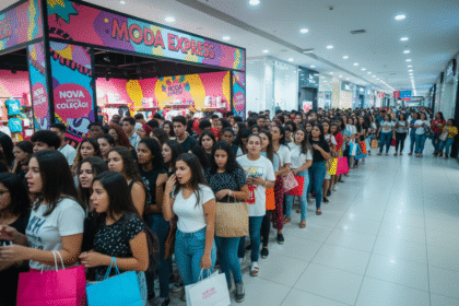 Filas se formam na entrada da loja temporária da SHEIN no Ventura Shopping, em Curitiba, onde mais de 17 mil pessoas passaram em cinco dias de operação. Imagem gerada por inteligência artificial
