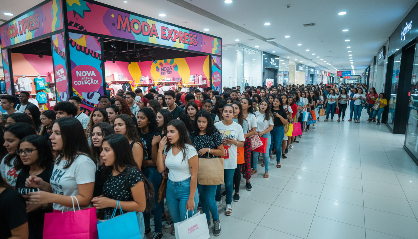 Filas se formam na entrada da loja temporária da SHEIN no Ventura Shopping, em Curitiba, onde mais de 17 mil pessoas passaram em cinco dias de operação. Imagem gerada por inteligência artificial