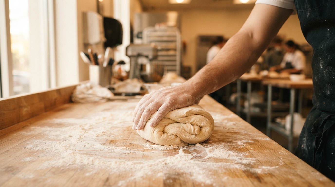 Mãos preparam massa em aula de confeitaria em curso gratuito de gastronomia em Curitiba. Imagem gerada por inteligência artificial.