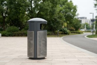 lixeira pública em praça de Curitiba, alvo do projeto de adoção de lixeiras em Curitiba