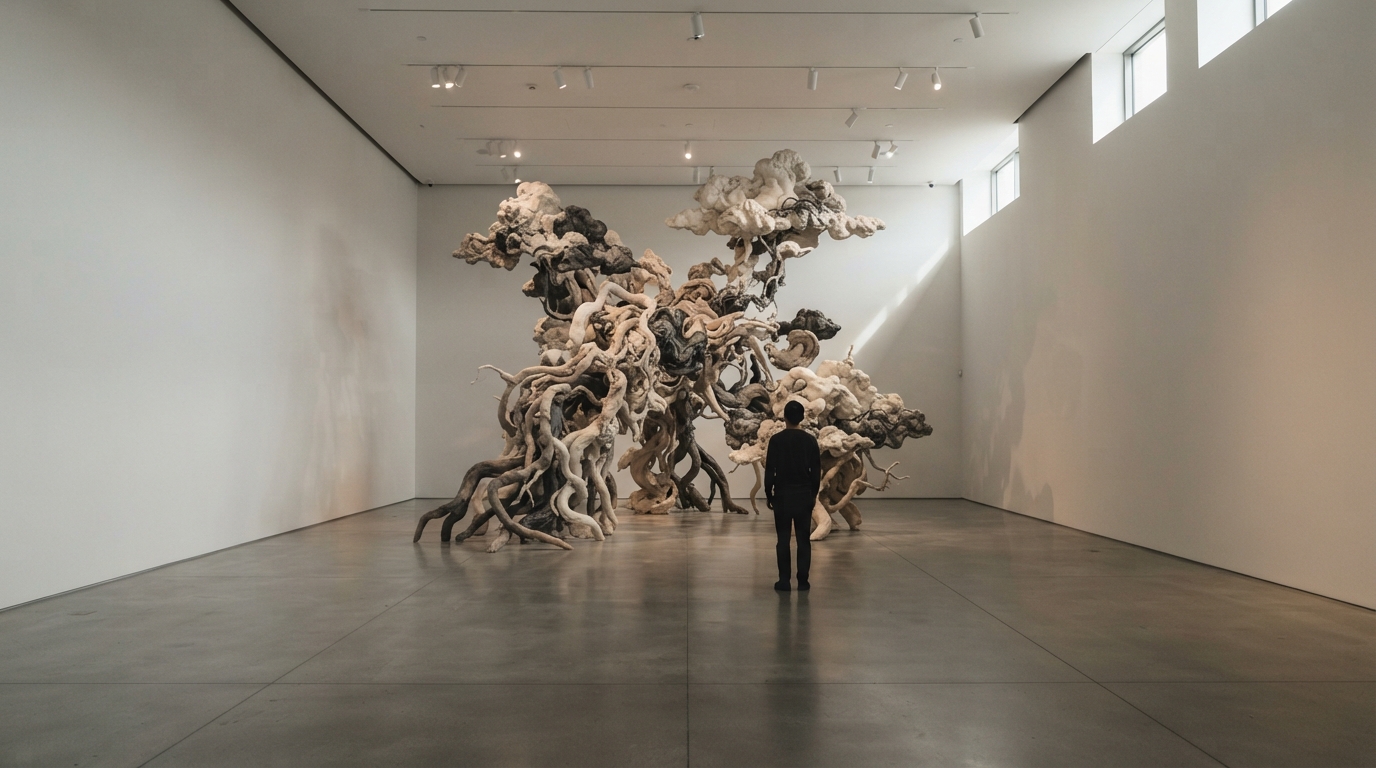 Visitantes observam obras de arte contemporânea chinesa na Bienal de Curitiba no MON