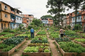 Horta urbana comunitária que integra a rede de segurança alimentar em Curitiba