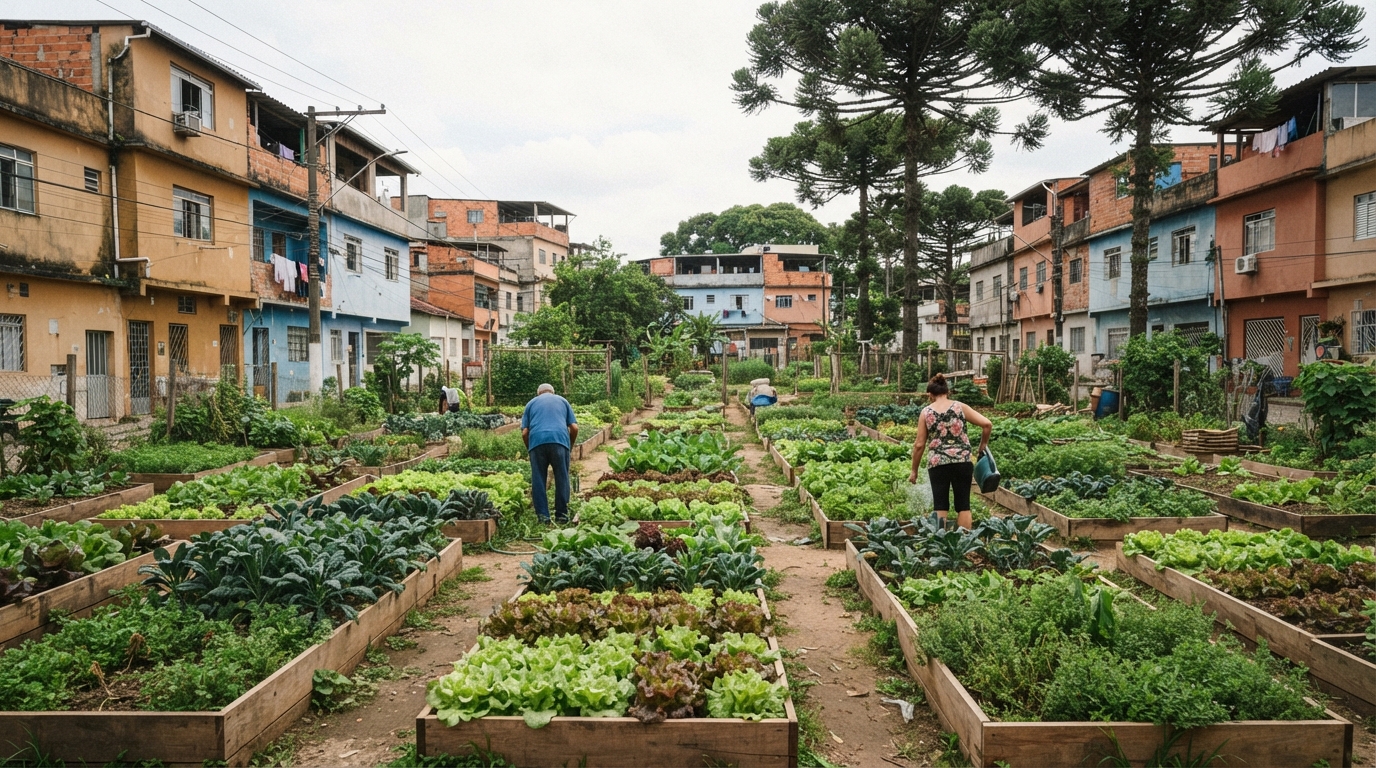 Horta urbana comunitária que integra a rede de segurança alimentar em Curitiba