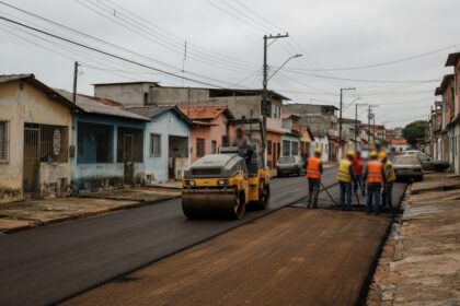 Obra de pavimentação em Curitiba com rolo compactador em rua de bairro