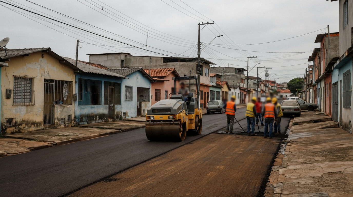 Obra de pavimentação em Curitiba com rolo compactador em rua de bairro