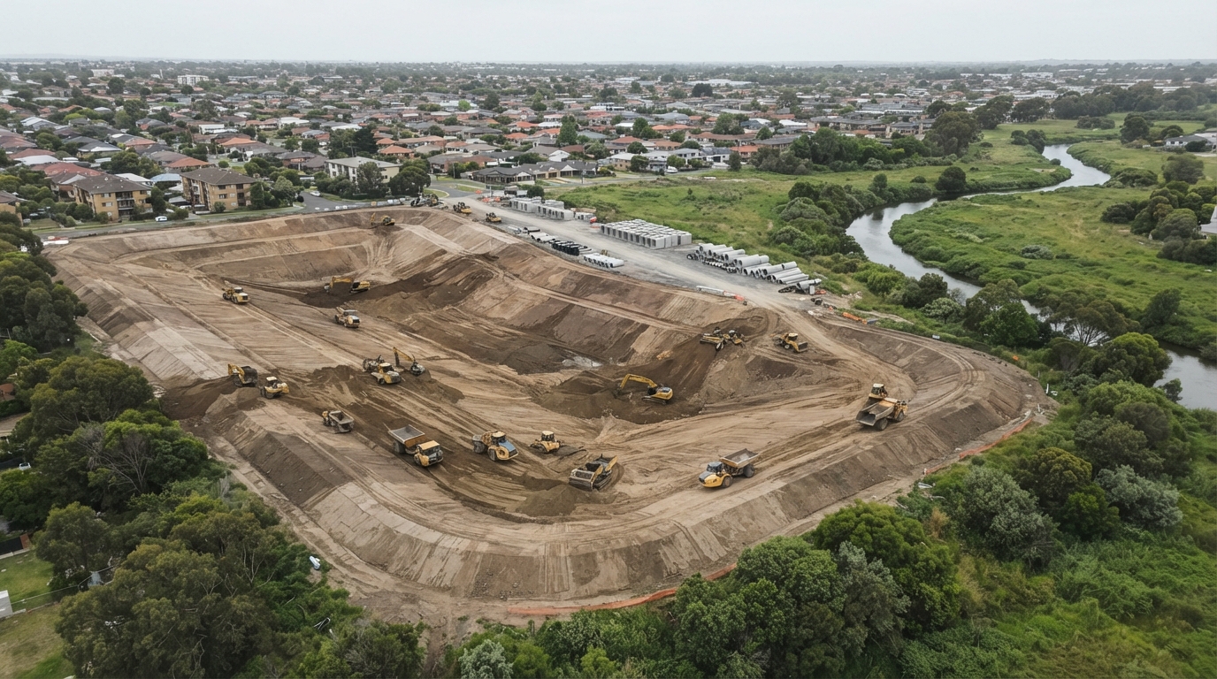 Obra das bacias de contenção do futuro Parque Santa Cândida no Rio Atuba