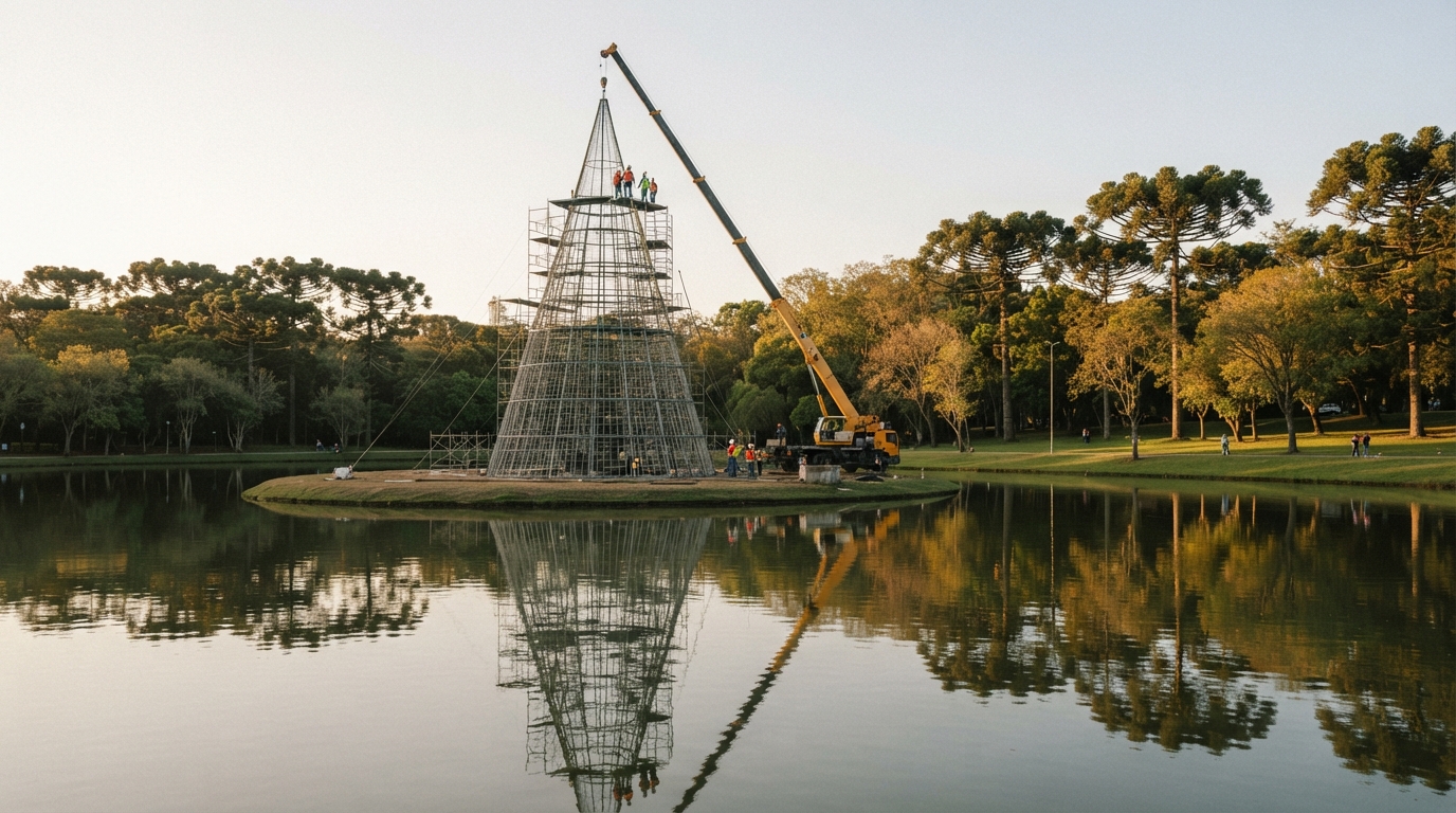 Montagem da árvore de Natal do Barigui na ilha do lago do parque
