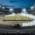 Carro em manobra de drift em Curitiba dentro do estádio Vila Capanema