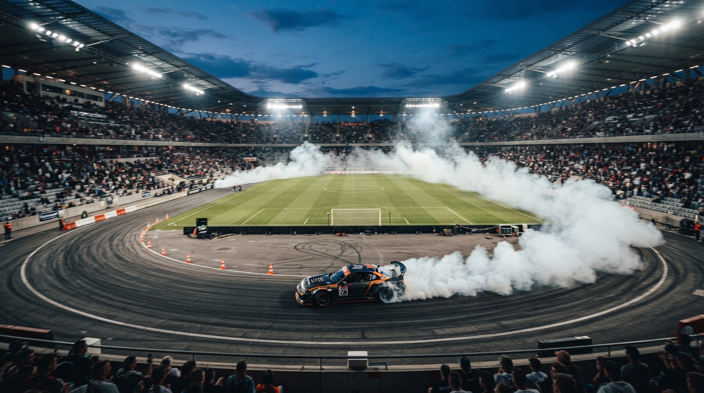 Carro em manobra de drift em Curitiba dentro do estádio Vila Capanema
